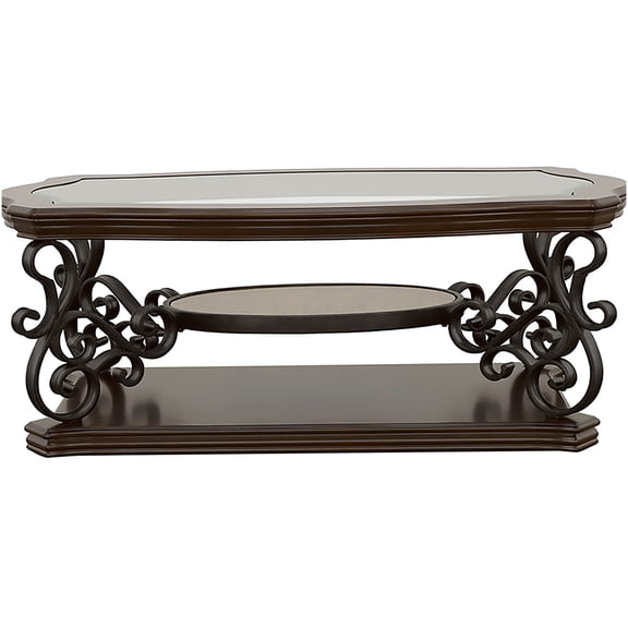 Brown Bianca Merlot 2-Tier Glass Top Coffee Table with Solid Wood Frame for Living Room