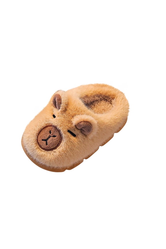 Brown Big Kids Unisex Cute Animal Pattern Plush Slide Slippers Brown Fall Winter Warm Fleece Lined Indoor Home Rubber Sole