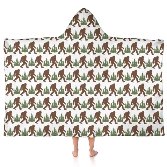 Brown Bigfoot and Pine Tree Pattern Hooded Bath Towel，50"x30" for Ages 3 To 12 Kids, Quick Dry Lightweight Soft Microfiber Hood Beach Towel Cover Up for Kids