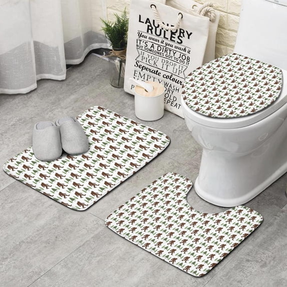 Brown Bigfoot and Tree Pattern Bathroom Rugs Sets 3 Piece,Toilet Cover Set,Absorbent Non Slip Bathroom Mats Sets with U-Shaped Contour Rug Toilet Rug Set