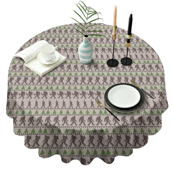 Brown Bigfoot and Pine Tree Pattern Round Tablecloth 60"x60",Wrinkle Wipeable Table Cloth for Kitchen Dining Room Picnic Patio Party