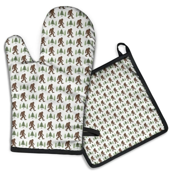 Brown Bigfoot and Tree Pattern Kitchen Oven Mitt and Pot Holder Sets 2 Pcs for Baking, Cooking and Grilling, Heat Resistant Up To 392 °F