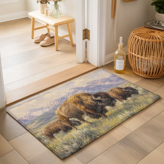 Brown Bison Herd 2'x3' Small Rugs for Entryway Front Door Kitchen Sink Area, Rustic Western Green Prairie Mountain Sagebrush Soft Sturdy Mats Washable Non Slip Rectangle Area Rug