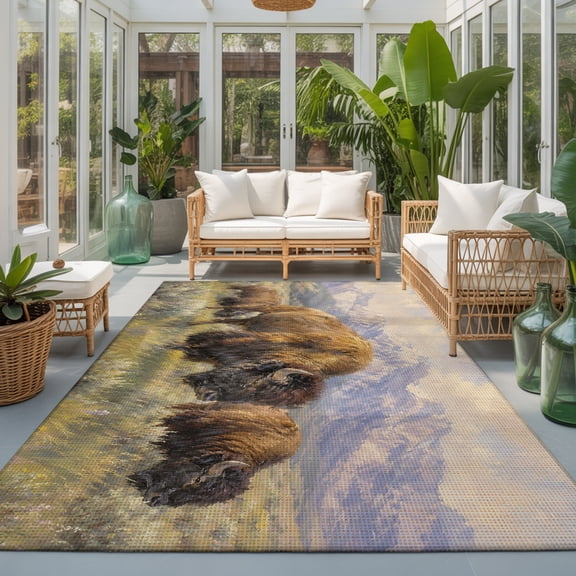Brown Bison Herd 9'x12' Area Rugs for Living Room Sectional Sofa, Rustic Western Green Prairie Mountain Sagebrush Washable Sturdy Non Slip Soft Sturdy Rectangle Home Area Rug