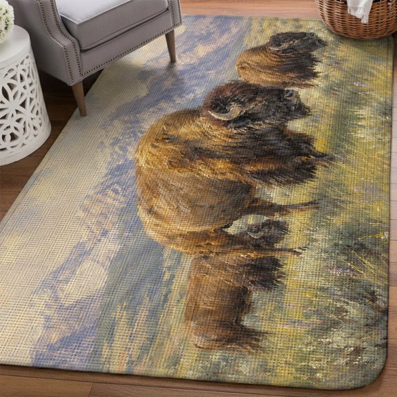 Brown Bison Herd Area Rugs for Living Room 5x6, Rustic Western Green Prairie Mountain Sagebrush Washable Area Rug Non Slip, Stain Resist Linen Carpet for Bedroom, Dining Room, Entryway, Entrance