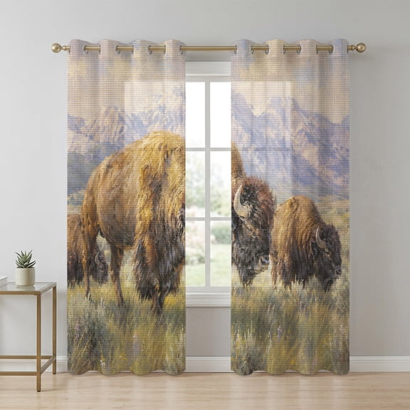 Brown Bison Herd Sheer Curtains 96 Inch Long 2 Panels, Rustic Western Green Prairie Mountain Sagebrush Light Filtering Semi Sheer Drapes Grommet Voile Window Curtain for Living Bedroom W52 x L96