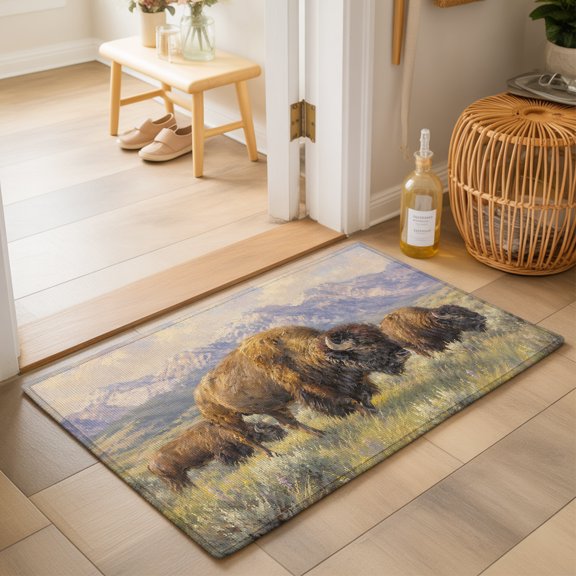 Brown Bison Herd Washable Small Entryway Area Rugs 2'x3', Rustic Western Green Prairie Mountain Sagebrush Washable Throw Rug Non-Slip Sturdy Edge Binding Carpet for Front Door Floor Room Entry