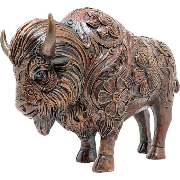 Brown Bison Resin Figurine  Rustic Tooled Buffalo Statue with Floral Carving Decor