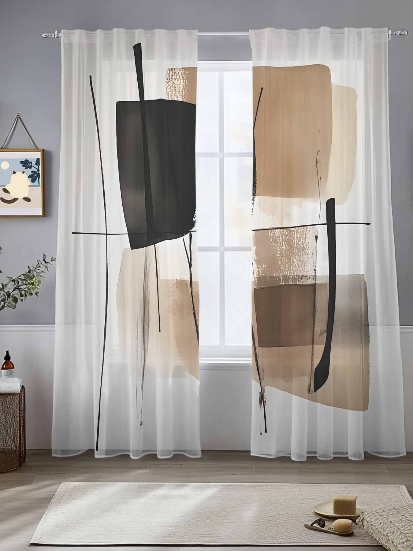 Brown Black Abstract Art Sheer Curtains for Living Room Bedroom Luxury
