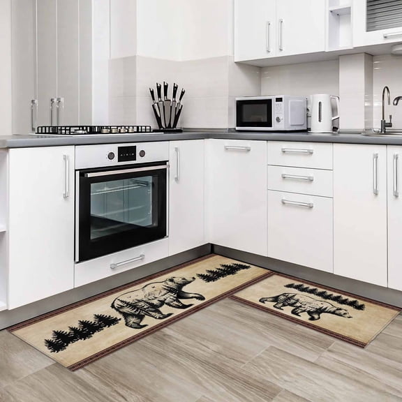 Brown Black Bear 2 Pieces Non-Slip Kitchen Mat Set Farmhouse Cabin Forest Vintage Soft Door Mat with Rubber Backing,Dirtproof Rugs for Entrance Doorway 23.6x35.4in+23.6x70.9in