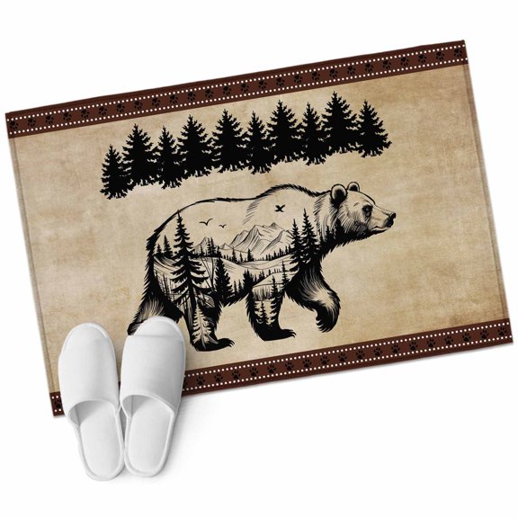 Brown Black Bear Bathroom Mat 2x3 FT, Non Slip Small Kitchen Mat, Farmhouse Cabin Forest Vintage Washable Soft Backed Front Door Throw Rug Non-Shedding Indoor Outdoor Doormat for Entryway Sink