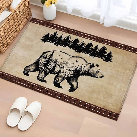Brown Black Bear Bathroom Rug Washable 2x3 Entryway Rug Non Slip Farmhouse Cabin Forest Vintage Front Door Mat Low Pile Indoor Doormat Throw Floor Carpet for Kitchen Bedroom Entrance