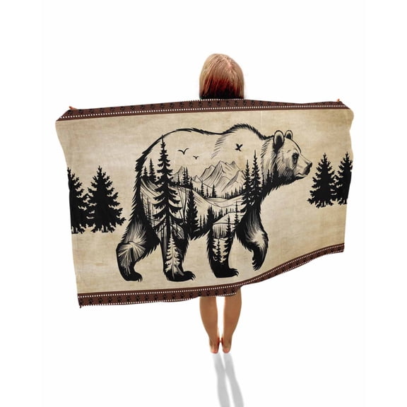 Brown Black Bear Beach Towels Oversized Super Absorbent, Farmhouse Cabin Forest Vintage Lightweight Bath Towel Quick Dry Sets For Bathroom/Pool/Rv Camping/Beach Play/Gym Room/Picnic 30"x60"