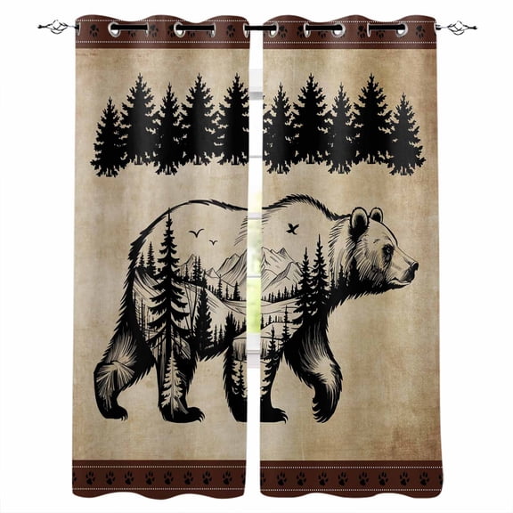 Brown Black Bear Blackout Curtains 96 Inches Long for Bedroom, Farmhouse Cabin Forest Vintage Thermal Insulated Room Darkening Black Out Window Curtain Panels Grommet Drapes for Living Room