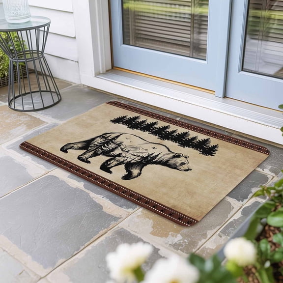 Brown Black Bear Door Mat Indoor Outdoor, Farmhouse Cabin Forest Vintage Non Slip Welcome Mat with Rubber Backing, Absorbent Fabric Front Door Mats Entryway Rug for Home Patio Entrance 18"x30"