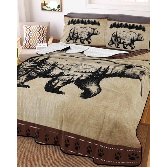 Brown Black Bear Full Size Down Alternative Comforter, Lightweight Comforter Quilt Bedding Set with Pillow Shams Farmhouse Cabin Forest Vintage All Seasons Bed Comforter Duvet Insert 78"x90"