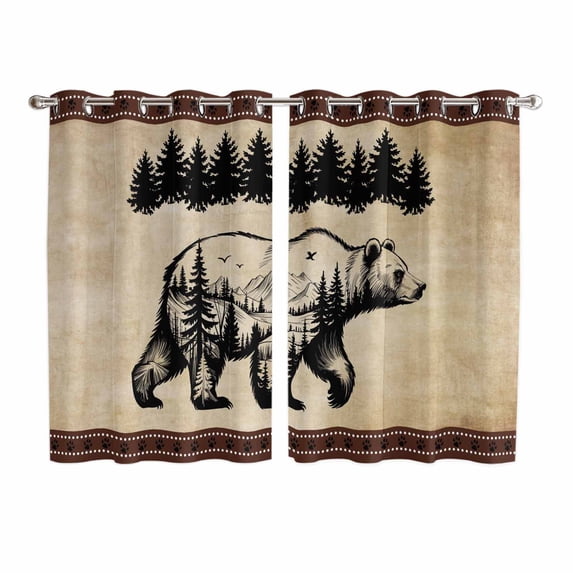 Brown Black Bear Kitchen Curtains 63 Inch Length, Farmhouse Cabin Forest Vintage Grommet Top Bedroom Living Room Curtains, Light Filtering Cafe Curtain Drapes 2 Panels Set 104''x63''
