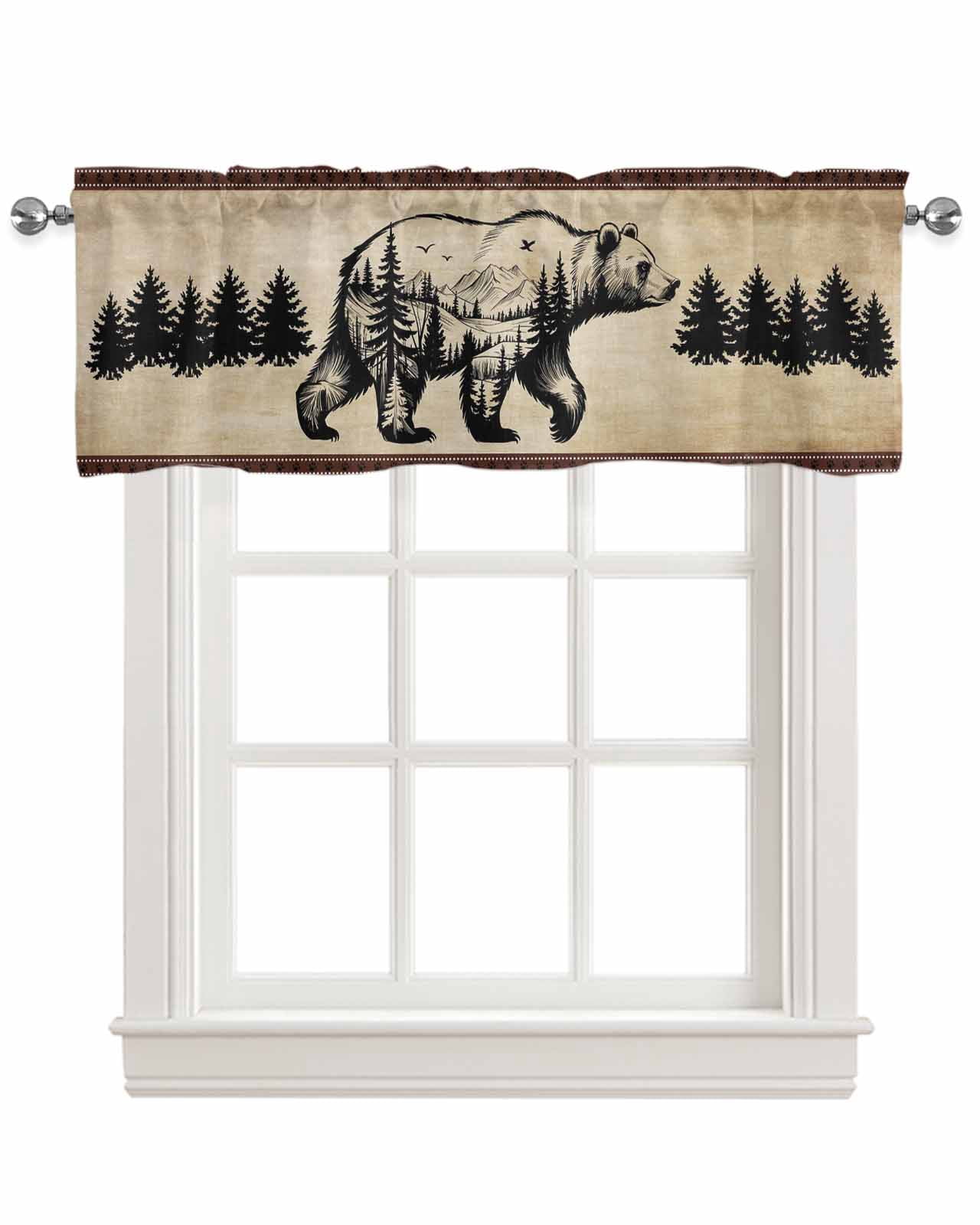 Brown Black Bear Kitchen Valances for Windows Farmhouse Linen Window Valance Curtain for Living Room Window Treatment Farmhouse Cabin Forest Vintage Valance Rod Pocket Topper Drape, 54 x 18 Inch