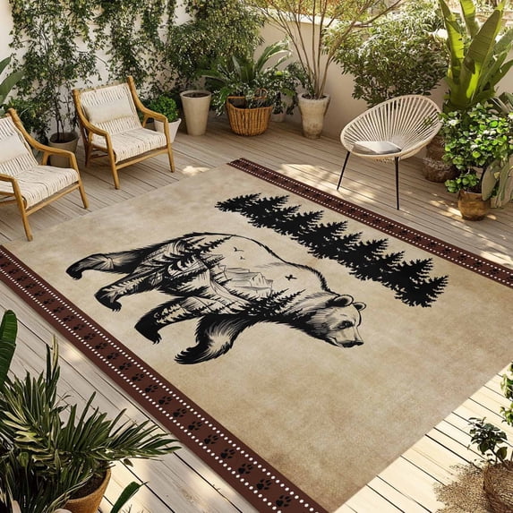 Brown Black Bear Outdoor Rug 3x5 Ft - Reversible Patio Rug Outdoor Camping Rugs, Farmhouse Cabin Forest Vintage Washable Indoor Outdoor Area Rugs, Non-Slip Outdoor Carpet Runner for Deck/Porch