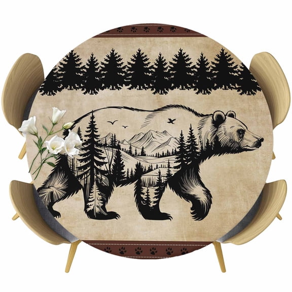 Brown Black Bear Round Tablecloth, Fitted Table Cover with Elastic for 36"-44" Round Tables, Farmhouse Cabin Forest Vintage Table Cloth Outdoor Indoor Dinning Party Waterproof Tablecloths