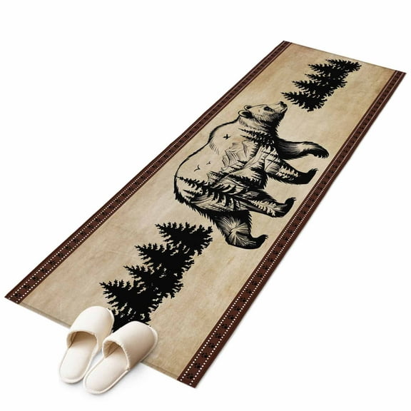 Brown Black Bear Runner Rug 2x6 FT, Non Slip Hallway Carpet, Farmhouse Cabin Forest Vintage Washable Soft Floor Carpet Throw Runner Carpet Long Rug for Entryway Kitchen Bedside Sliding Door