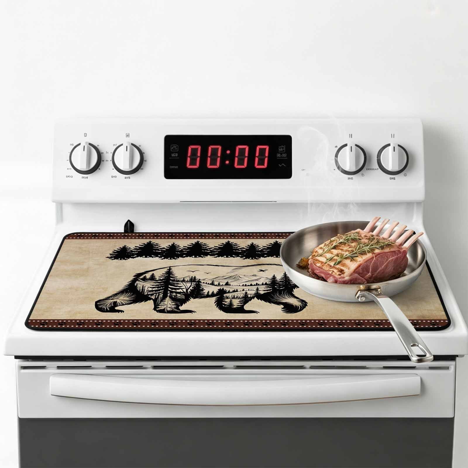 Brown Black Bear Stove Top Cover for Electric Stove, Heat-proof & Non Slip Glass Top Stove Cover Protector, Farmhouse Cabin Forest Vintage Kitchen Flat Cooktop Rubber Mat 24x21 Inches