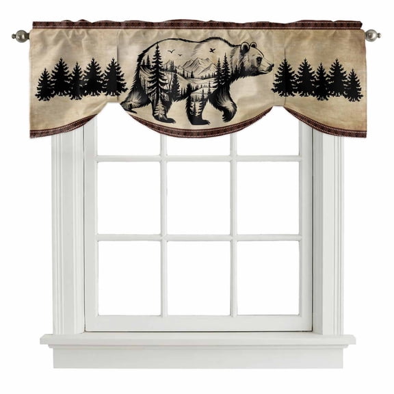 Brown Black Bear Tie Up Valance Curtains for Windows, Kitchen Curtains Window Treatments, Farmhouse Cabin Forest Vintage Short Window Shades Valances for Bedroom Bathroom Cafe 42"x12"