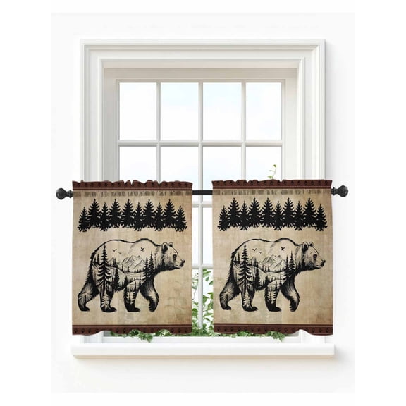 Brown Black Bear Tier Curtains 36 Inch Length,Sheer Curtains for Bedroom Living Room Window Farmhouse Cabin Forest Vintage Rod Pocket Drapes Kitchen Curtains Small Half Window 27.5"x36" 2 Panels
