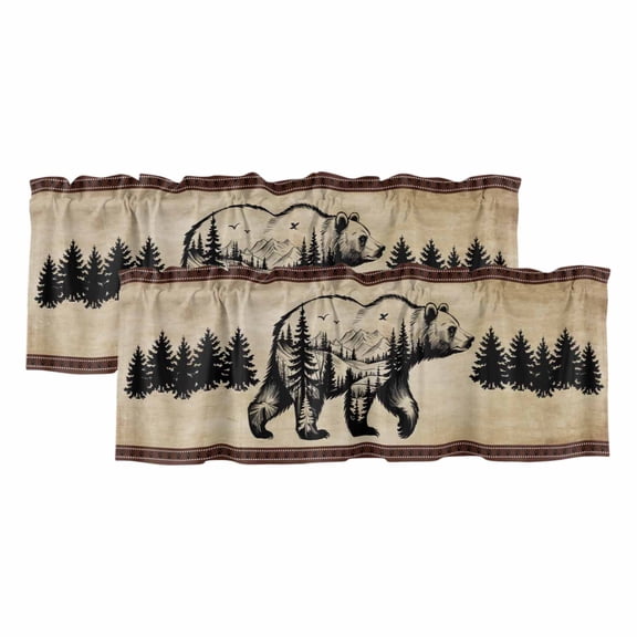 Brown Black Bear Valances for Windows, Farmhouse Cabin Forest Vintage Light Filtering Kitchen Curtains, Rod Pocket Window Valance Curtains for Living Room Bedroom, 42" W x 12" L, 2 Panels