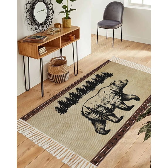Brown Black Bear Washable Area Rug 3'x5', Farmhouse Cabin Forest Vintage Woven Cotton Tassels Kitchen Rugs, Non Slip Indoor Door Mat Throw Carpet for Entryway Living Room Nursery Laundry Room