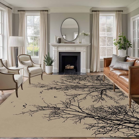 Brown Black Branches Area Rugs 5'x8', Washable Small Throw Rugs for Classroom Bedroom, Botanical Dead Tree Birds Indoor Outdoor Rug Non-Slip Low Pile Carpet Runner Reversible Floor Mats