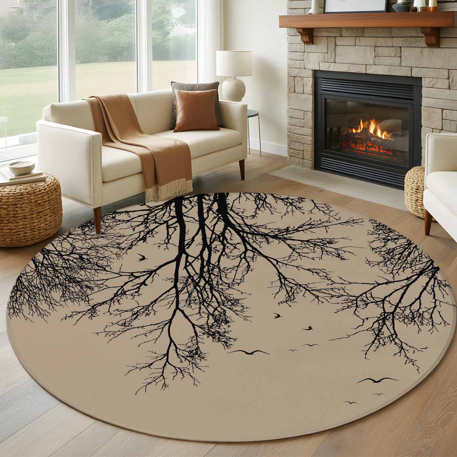 Tree Branch Rugs Brown Black Branches Round Area Rug 5Ft Washable Circle Rugs for Living ...