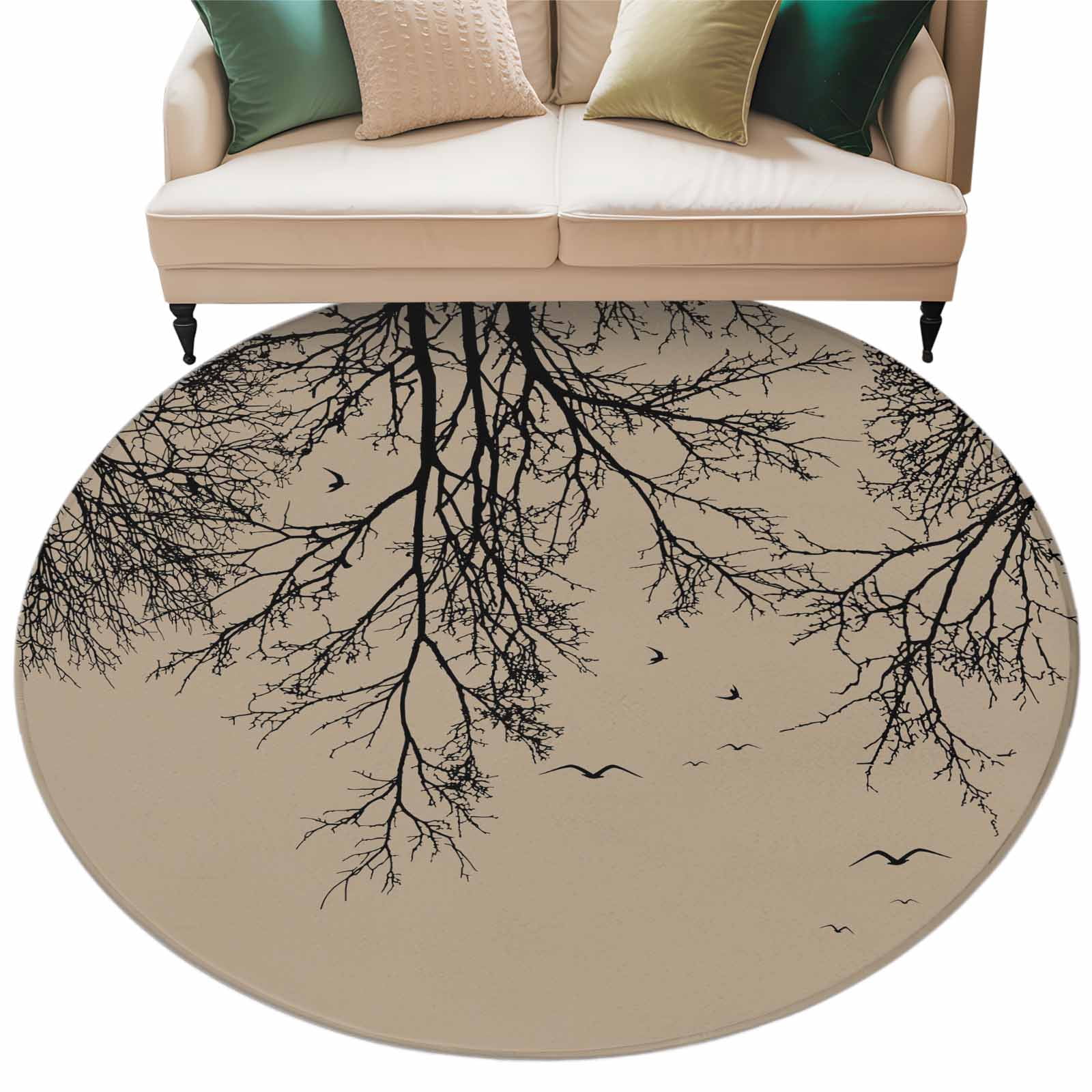 Brown Black Branches Round Rug 7ft Washable Circle Rugs Non Slip ...