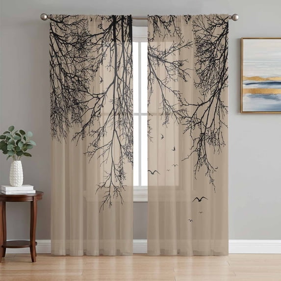 Brown Black Branches Sheer Curtains 63 Inch Length 2 Panels Set, Botanical Dead Tree Birds Voile Window Treatment Rod Pocket Curtains Sheers Drapes for Bedroom/Living Room/Kitchen 52x"63"x2