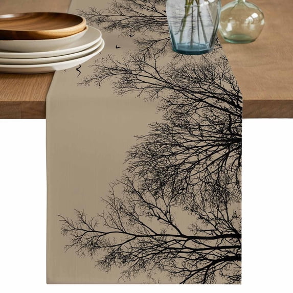 Brown Black Branches Table Runner 90 Inches, Botanical Dead Tree Birds Bed Runner Dresser Scarves Tabletop for Indoor Outdoor Parties/Ceremony/Banquet, 13" x 90"