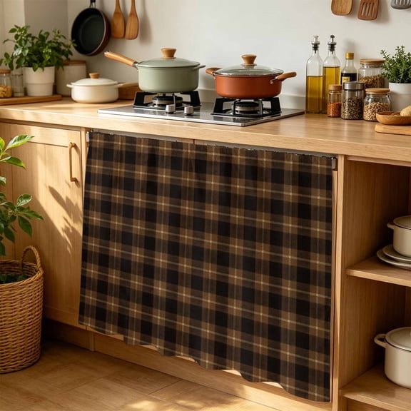 Brown Black Buffalo Plaid Cabinet Curtains for Kitchen 35"Wx35"L, Country Rustic Classic Farmhouse Checkered Laundry Sink Cabinets Magic Tape Short Curtain Privacy Panel for Bathroom Vanity Cabinets