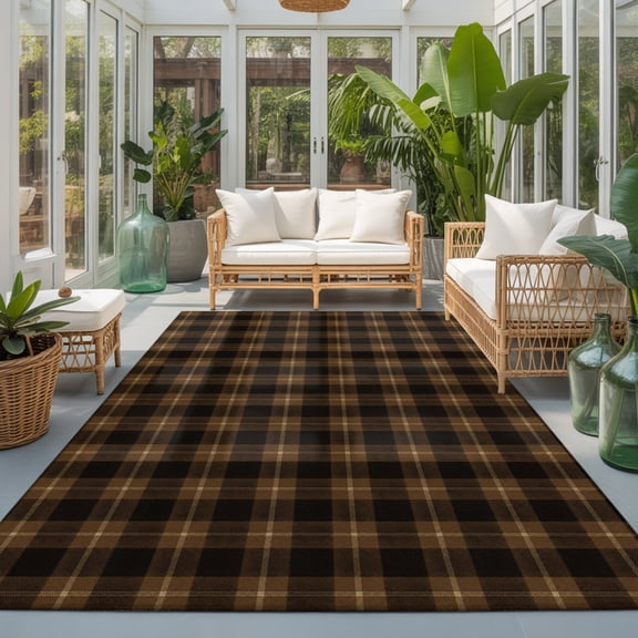 Brown Black Buffalo Plaid Washable Living Room Rugs 9'x12', Country Rustic Classic Farmhouse Checkered Washable Throw Large Area Rug Non-Slip Sturdy Edge Binding Carpet for Bedroom Dining Room Office