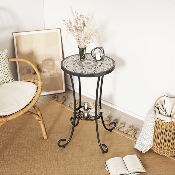 Brown & Black Ceramic Side Table / Assembly Included for Quick Setup