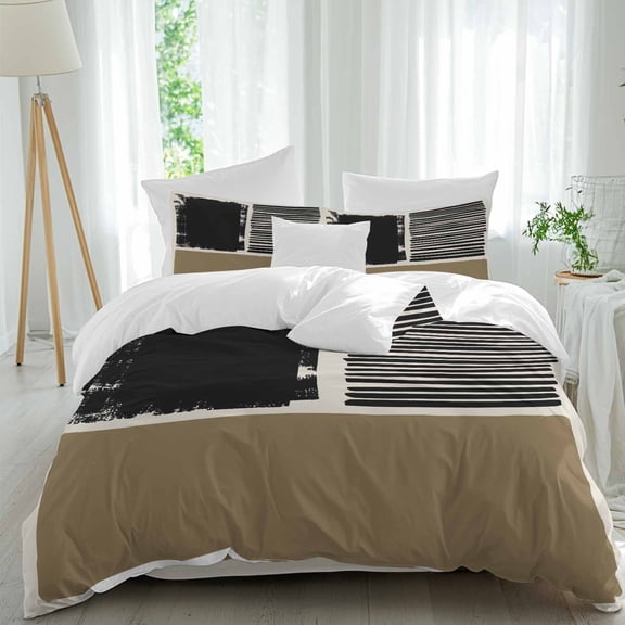 Brown Black Comforter Set Full Size, Japanese Style Striped Black Line Art Vintage Soft Bedding Set for Man Woman, 4 Pieces Duvet Cover Set with Fitted Sheet, 2 Pillowcases