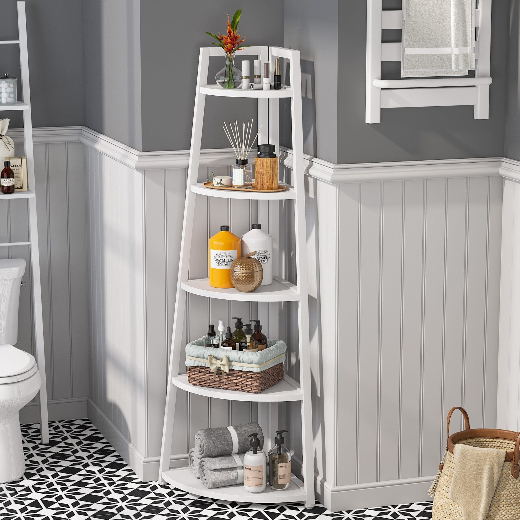 Brown/ Black Corner Ladder Shelf,5 Tier Corner Bookshelf Bookcase