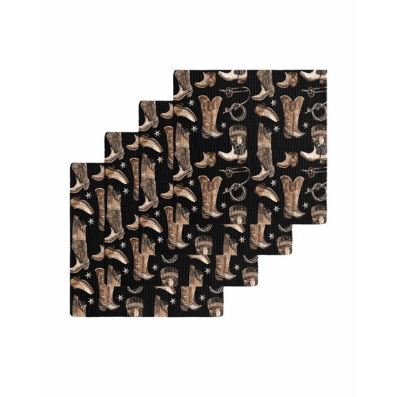 Brown Black Cowboy Kitchen Dish Towels for Drying Dishes Set of 4, Country Western Vintage Waffle Weave Microfiber Terry Hand Tea Bathroom Towels Quick Dry & Absorbent Towel 12x12