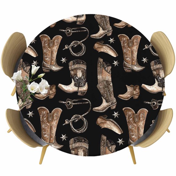 Brown Black Cowboy Round Tablecloth 36-44 Inch Round Fitted Table Cloth with Elastic Edge, Country Western Vintage Waterproof Table Cover Protector for Outdoor Picnic Party Dining
