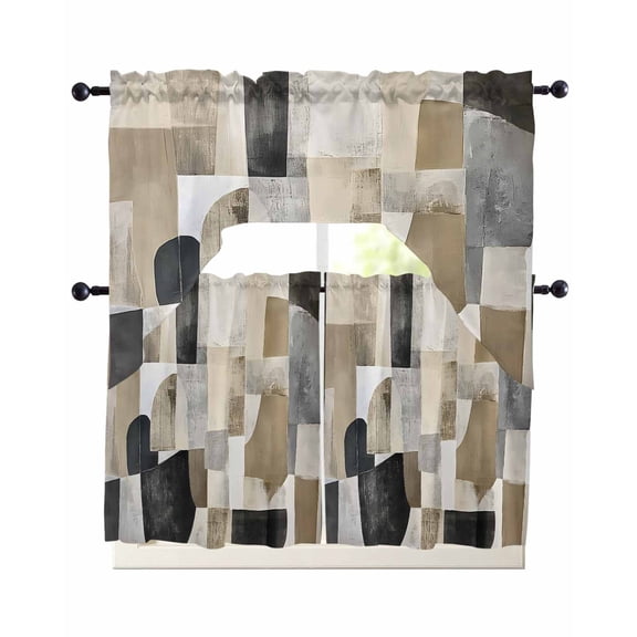 Brown Black Geometric Kitchen Curtains Sets 24 Inch Length with Valance, Abstract Art Color Block Painting Swag Valances and Tiers Curtain Set Drapes Swag Curtains for Living Room, Bathroom, Bedroom