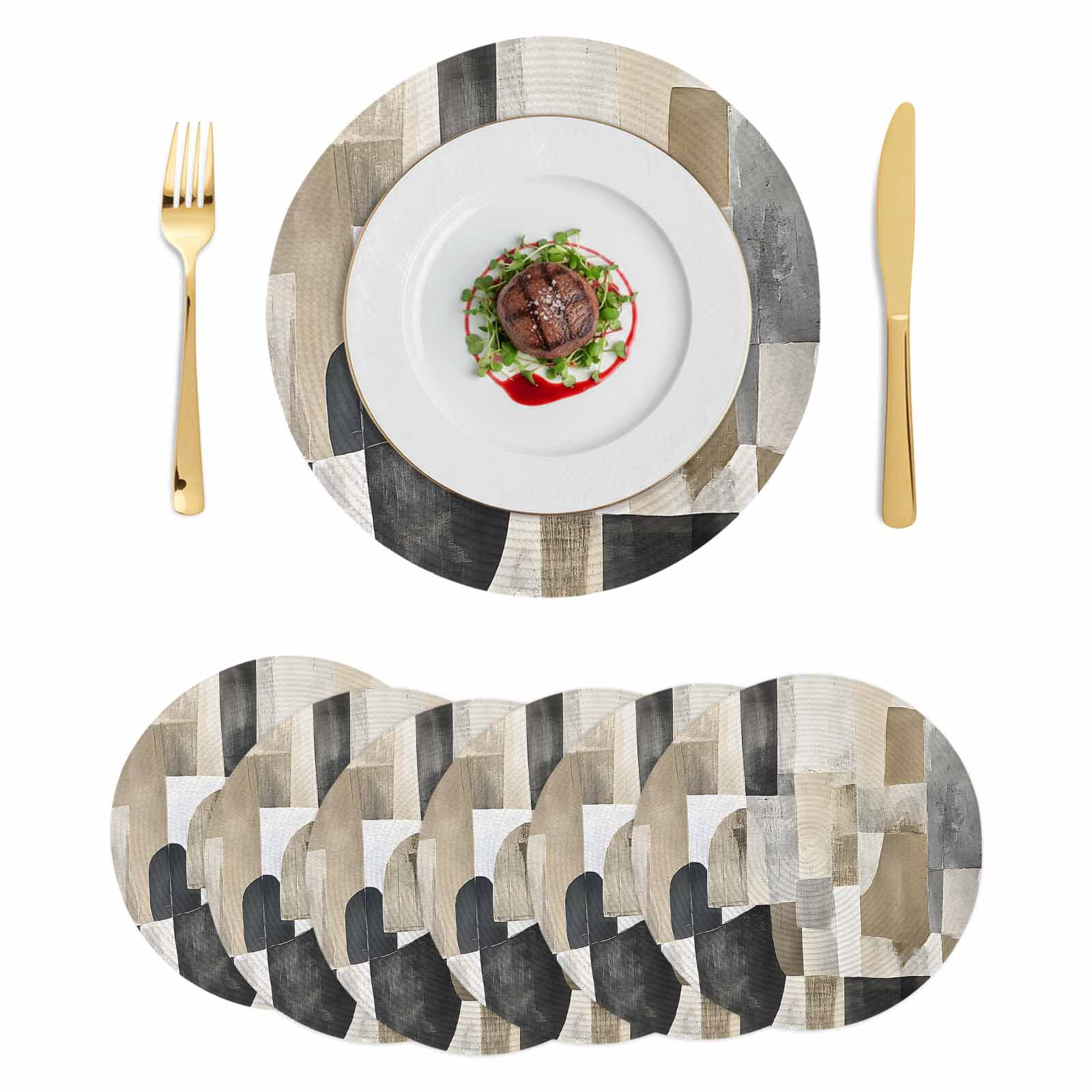Brown Black Geometric Round Placemats Set of 6 Abstract Art Color Block ...