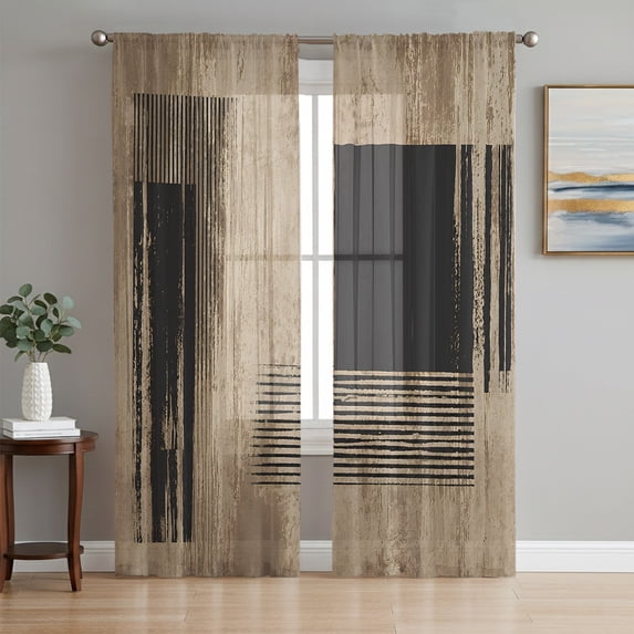 Brown Black Geometric Sheer Curtains 84 Inch Length 2 Panels Set, Vintage Modern Striped Abstract Voile Window Treatment Rod Pocket Curtains Sheers Drapes for Bedroom/Living Room/Kitchen 52"x84"x2