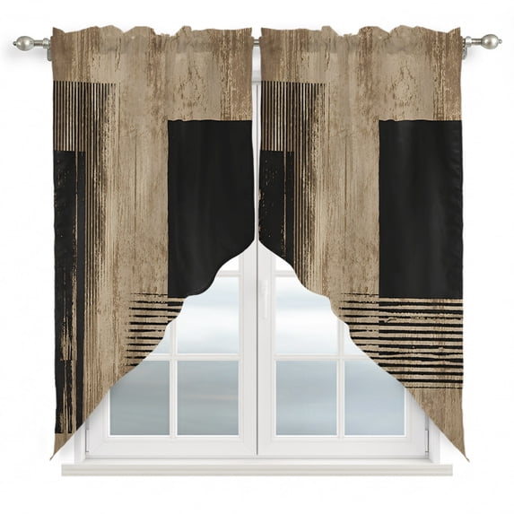 Brown Black Geometric Swag Valances for Windows 2 Pack, Kitchen Window Curtains 36 Inch Length, Vintage Modern Striped Abstract Privacy Swag Curtains for Living Room/Bathroom with Rod Pocket 36"x36"