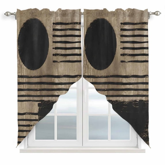 Brown Black Geometric Swag Valances for Windows, Kitchen Window Curtains Over Sink, Retro Modern Striped Abstract Window Treatment Curtains for Living Room/Bedroom Curtains 2 Panel Sets 36"x45"