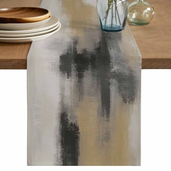 Brown Black Graffiti Table Runner, Abstract Oil Painting Mottled Texture Cotton Linen Table Cloth, Tablerunner for Kitchen Dining Party Wedding Home Decor 13x36 Inch