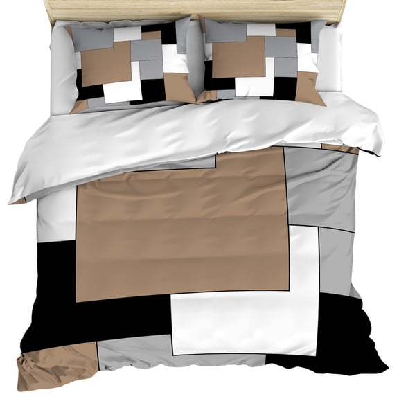 Brown Black Grey Bedding 3 Piece Duvet Cover Set California King, Middle Century Irregular Geo Abstract Art Soft Microfiber Comforter Cover with Zipper Closure & Pillowcases, Quilt Cover