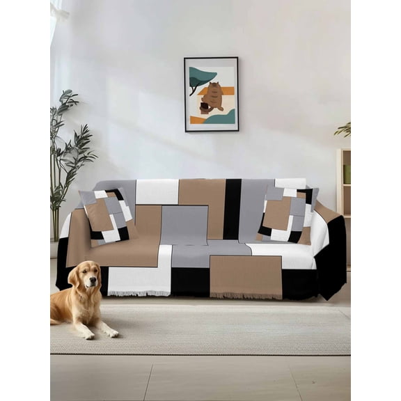Brown Black Grey Couch Cover Sofa Covers 3 Cushion Sectional Couch, Middle Century Irregular Geo Abstract Art Washable Sofa Covers Slipcover Sectional Sofa Cover, Furniture Protector 71"x150"